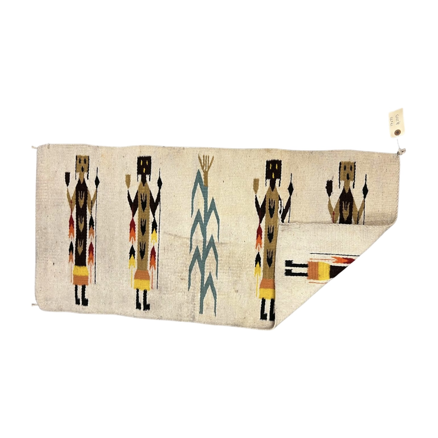 Vintage Navajo Yei Rug – Handwoven Wool Wall Art with Yei Spirit Figures & Corn Symbol (37” x 15”)
