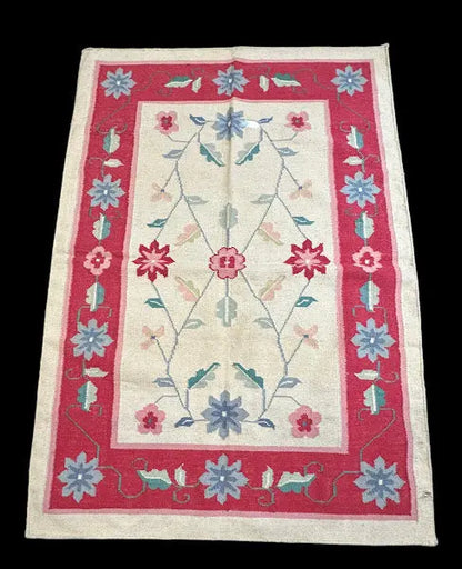 Vintage Handmade Wool Rug Turkish Floral Kilim Red/ Beige 4'2 x 5'11 I Got Rugs