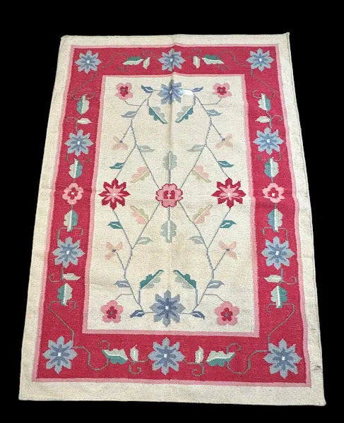 Vintage Handmade Wool Rug Turkish Floral Kilim Red/ Beige 4'2 x 5'11 I Got Rugs