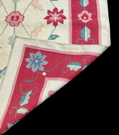 Vintage Handmade Wool Rug Turkish Floral Kilim Red/ Beige 4'2 x 5'11 I Got Rugs
