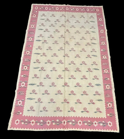 Handmade Vintage Wool Rug Turkish Kilim Floral Pattern Pink/Beige 5' x 7'10 I Got Rugs