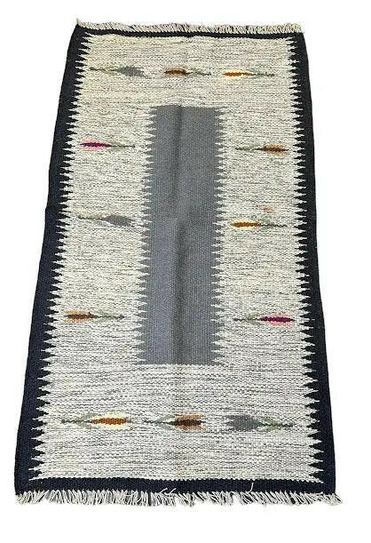Handmade Vintage Wool Rug Turkish Kilim Gray/ Black Design 3'8 x 4'9 I Got Rugs