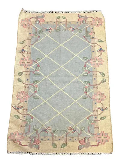 Handmade Vintage Wool Rug Turkish Oushak Floral Design Ivory/ Blue 2'10 x 4'6 - I Got Rugs Handmade Vintage Wool Rug Turkish Oushak Floral Design Ivory/ Blue 2'10 x 4'6 I Got Rugs Handmade Vintage I Got Rugs  289.00