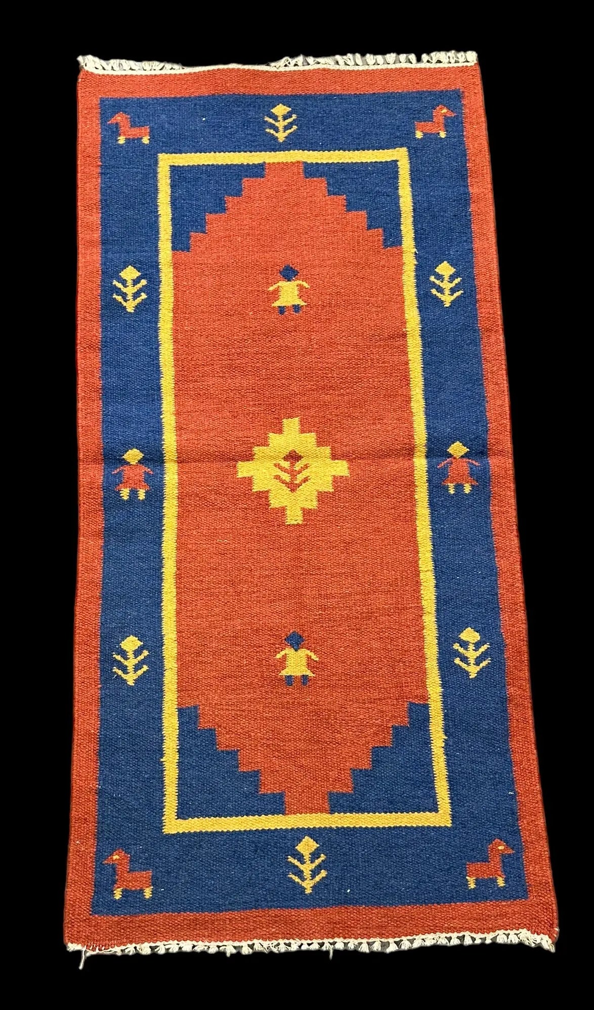 Handmade Vintage Wool Rug Turkish Kilim Geometric Design Orange/ Blue 2'2 x 4'6 I Got Rugs