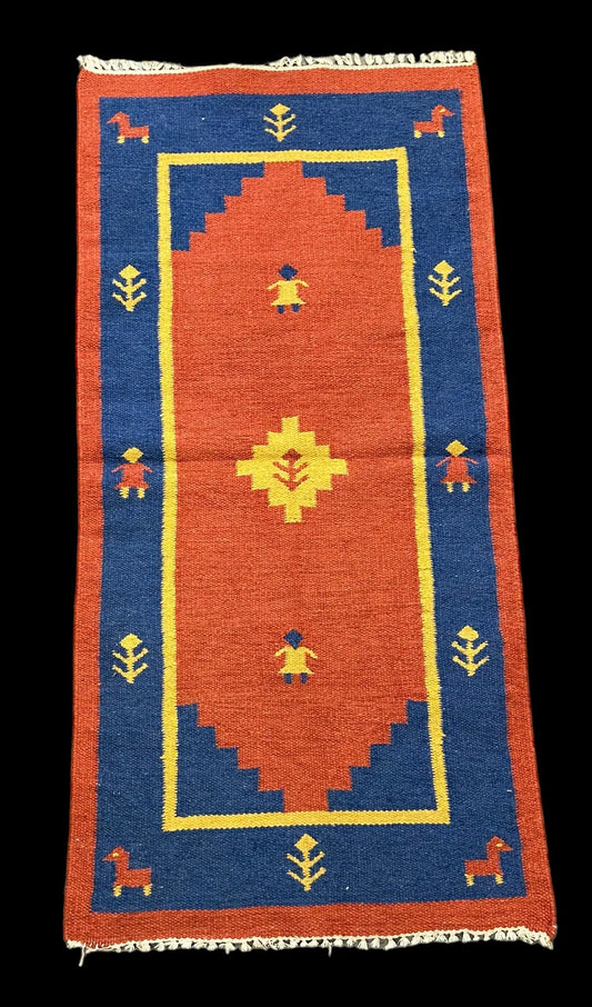 Handmade Vintage Wool Rug Turkish Kilim Geometric Design Orange/ Blue 2'2 x 4'6 I Got Rugs