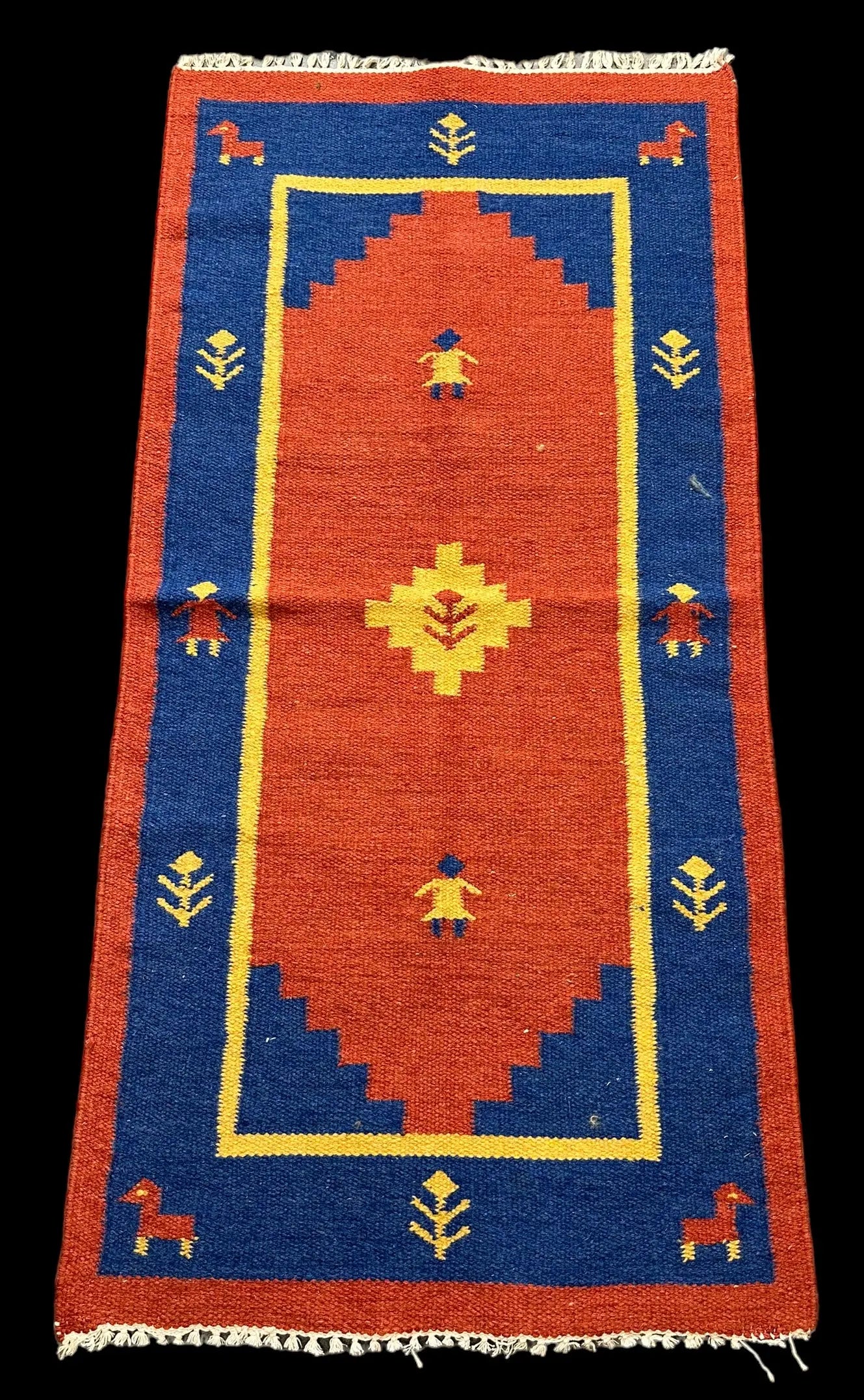 Handmade Vintage Wool Rug Turkish Kilim Geometric Design Orange/ Blue 2'2 x 4'6 I Got Rugs
