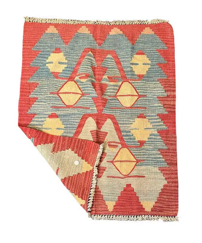 Handmade Vintage Wool Rug Turkish Kilim Tribal Design Red/ Blue 2'9 x 3'6 I Got Rugs