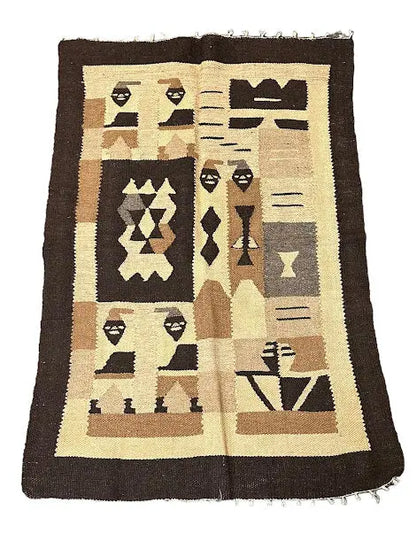 Handmade Vintage Wool Rug Turkish Kilim Village Design Beige/ Brown 2'10 x 4'3 I Got Rugs