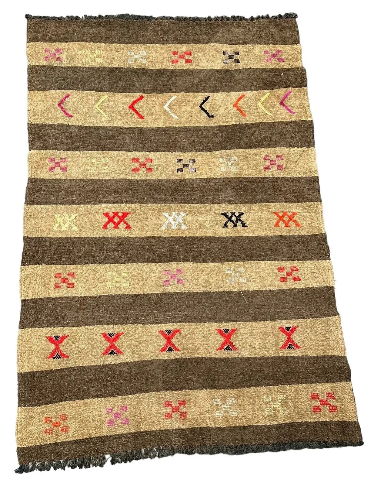 Handmade Vintage Rug 100% Wool Turkish Flat Weave Beige/ Design 3' x 4'5 I Got Rugs
