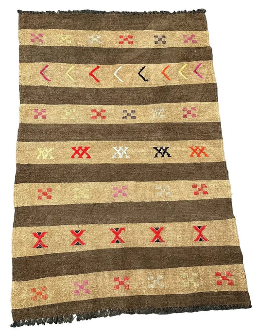 Handmade Vintage Rug 100% Wool Turkish Flat Weave Beige/ Design 3' x 4'5 I Got Rugs