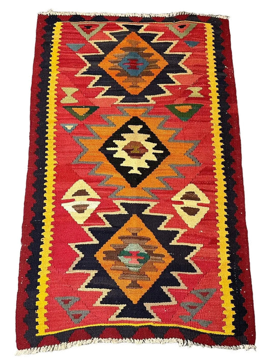 Handmade Vintage Rug Turkish Multicolor Diamond/ Geometric Design 3'1 x 5'2 I Got Rugs