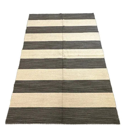 Handmade Vintage Wool Rug Turkish Kilim Striped Design Beige/ Gray 4'11 x 7'9 I Got Rugs