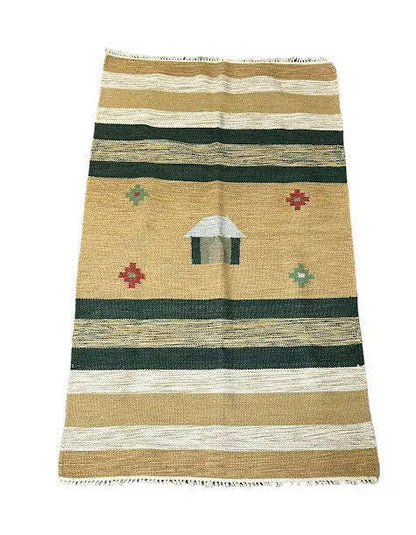 Handmade Vintage Rug Wool Turkish Kilim Village Design Beige/ Green 2'11 x 4'11 I Got Rugs