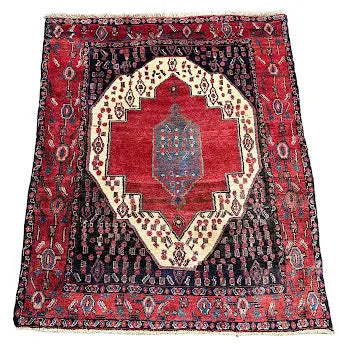 Hand-Knotted Vintage Persian Rug Hamadan Design Red 3'11 x 4'10 Wool I Got Rugs