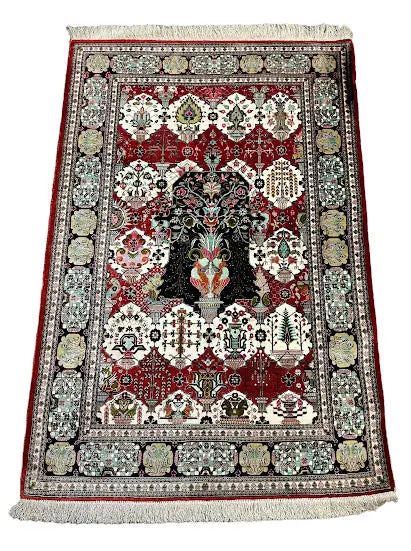 Hand-Knotted Vintage Persian Tabriz Silk Rug Red 3'4 x 4'11 - I Got Rugs Hand-Knotted Vintage Persian Tabriz Silk Rug Red 3'4 x 4'11 I Got Rugs Handmade Vintage I Got Rugs  690.00