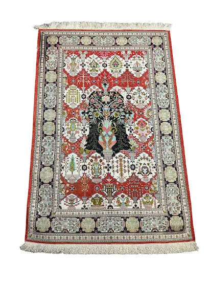 Hand-Knotted Vintage Persian Tabriz Silk Rug Red 3'4 x 4'11 - I Got Rugs Hand-Knotted Vintage Persian Tabriz Silk Rug Red 3'4 x 4'11 I Got Rugs Handmade Vintage I Got Rugs  690.00