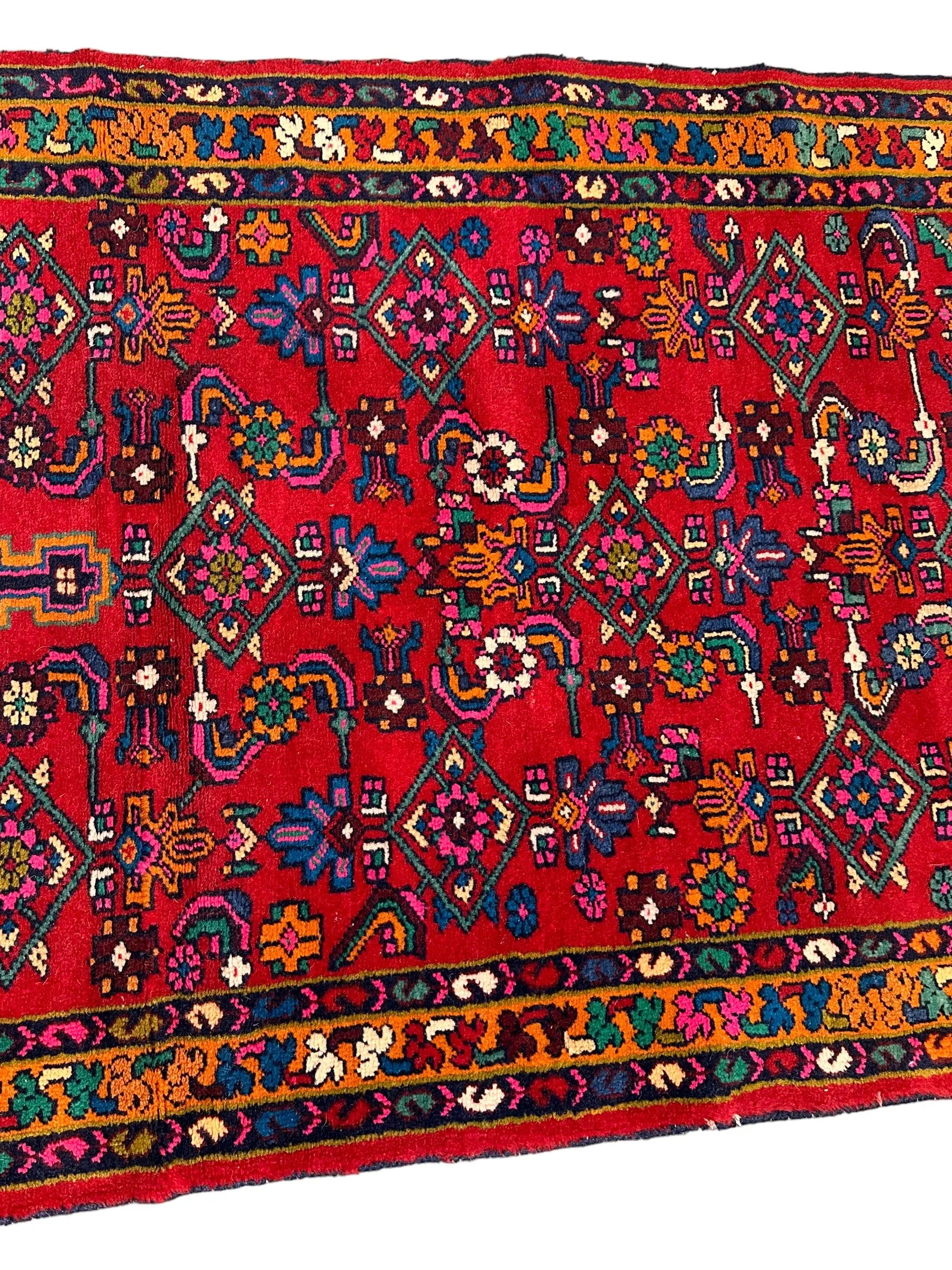 Hand-Knotted Vintage Persian Village Style Runner Rug Red 3'4 x 8'10 I Got Rugs