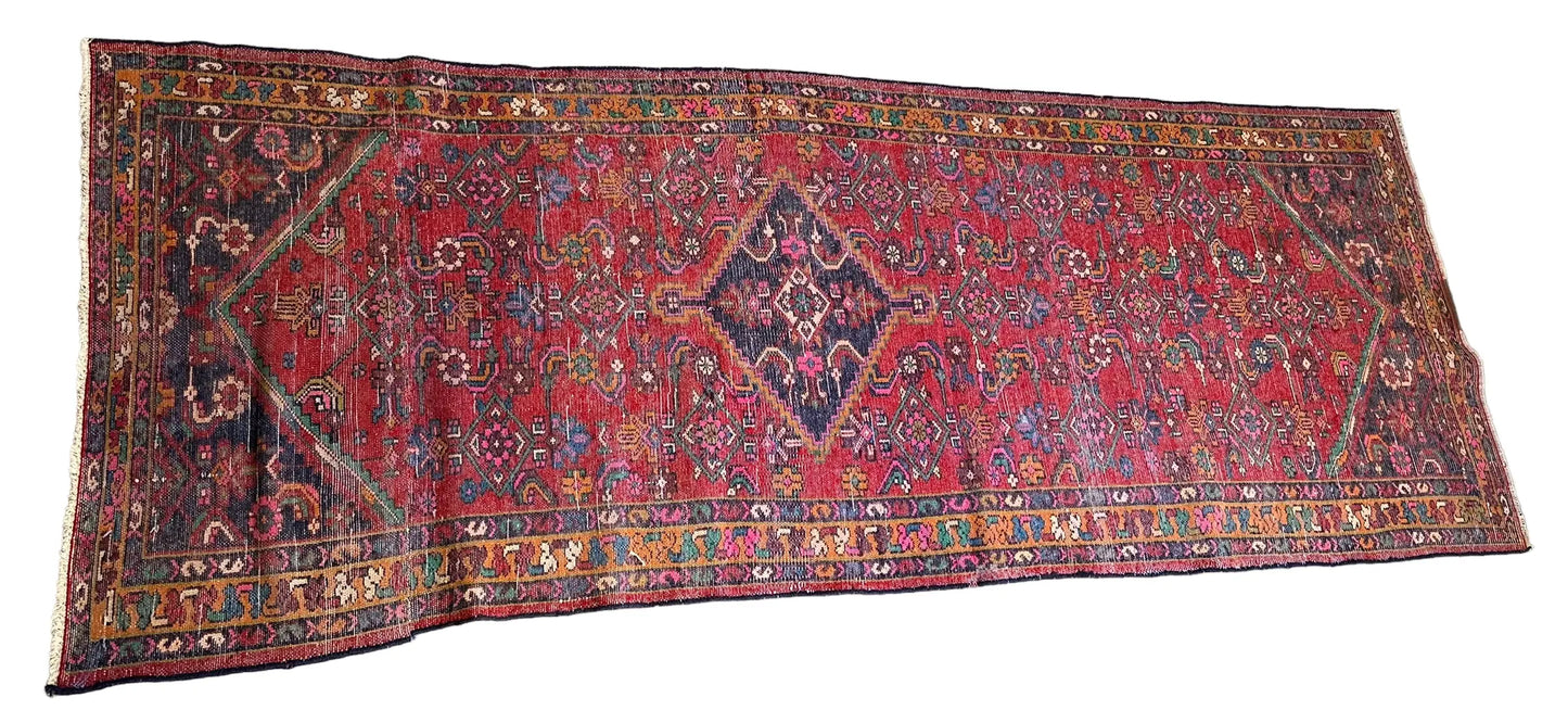 Hand-Knotted Vintage Persian Village Style Runner Rug Red 3'4 x 8'10 I Got Rugs