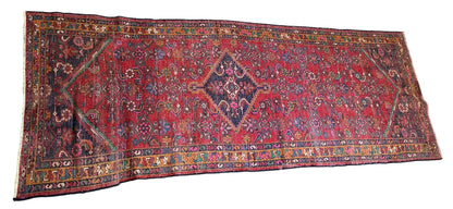 Hand-Knotted Vintage Persian Village Style Runner Rug Red 3'4 x 8'10 I Got Rugs