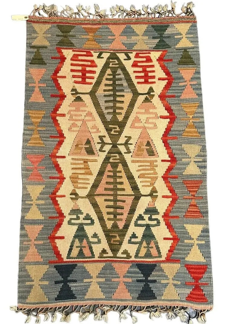 Hand-Knotted Vintage Turkish Kilim Wool Rug, Multicolor Geometric Design 2'5 x 3'11 I Got Rugs