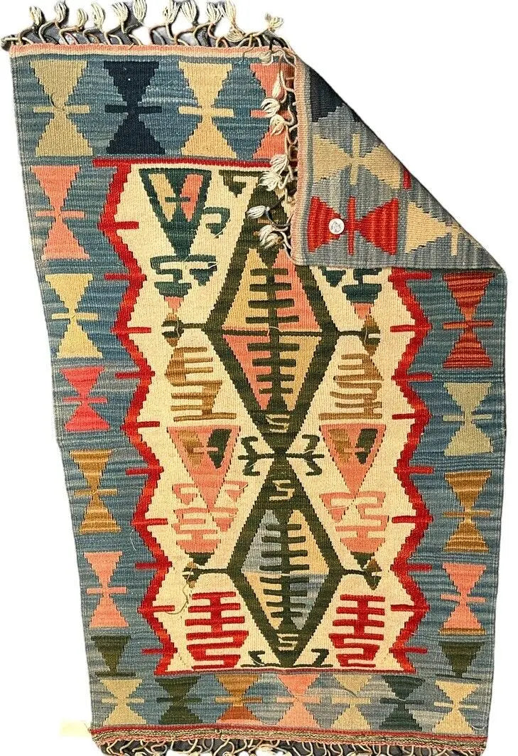 Hand-Knotted Vintage Turkish Kilim Wool Rug, Multicolor Geometric Design 2'5 x 3'11 I Got Rugs