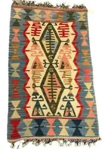 Hand-Knotted Vintage Turkish Kilim Wool Rug, Multicolor Geometric Design 2'5 x 3'11 I Got Rugs