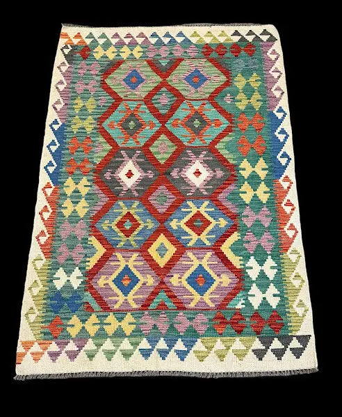 Hand-Knotted Vintage Wool Afghan Kilim Colorful Geometric Pattern 3'6 x 5'2 I Got Rugs