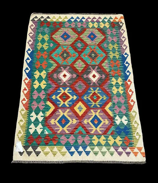 Hand-Knotted Vintage Wool Afghan Kilim Colorful Geometric Pattern 3'6 x 5'2 I Got Rugs