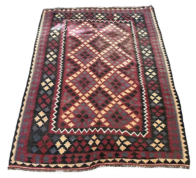 Hand-Knotted Vintage Wool Afghan Kilim Rug Multicolor Diamond Design 6'5 x 8'4 I Got Rugs