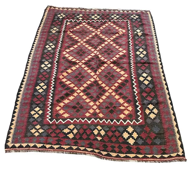 Hand-Knotted Vintage Wool Afghan Kilim Rug Multicolor Diamond Design 6'5 x 8'4 I Got Rugs