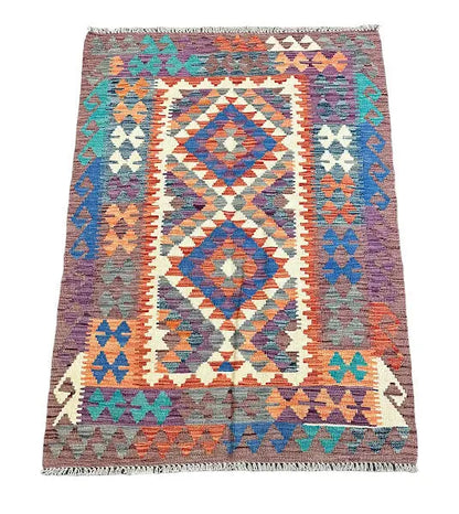 Hand-Knotted Vintage Wool Kilim Afghan Tribal Design Multicolor 3'4 x 4'11 I Got Rugs