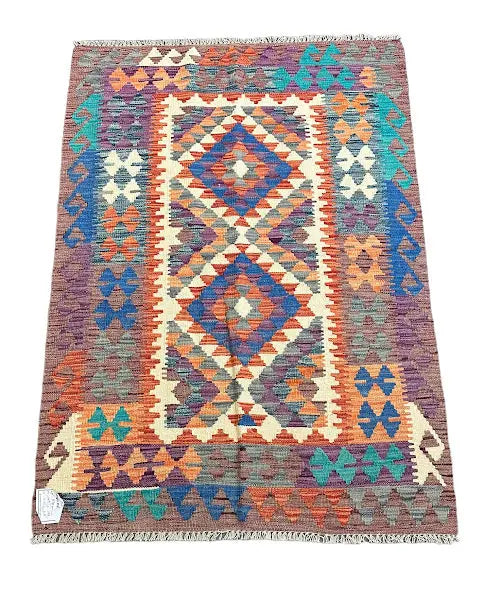 Hand-Knotted Vintage Wool Kilim Afghan Tribal Design Multicolor 3'4 x 4'11 I Got Rugs