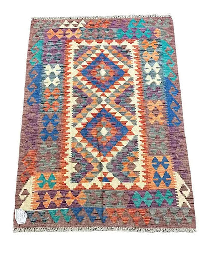 Hand-Knotted Vintage Wool Kilim Afghan Tribal Design Multicolor 3'4 x 4'11 I Got Rugs
