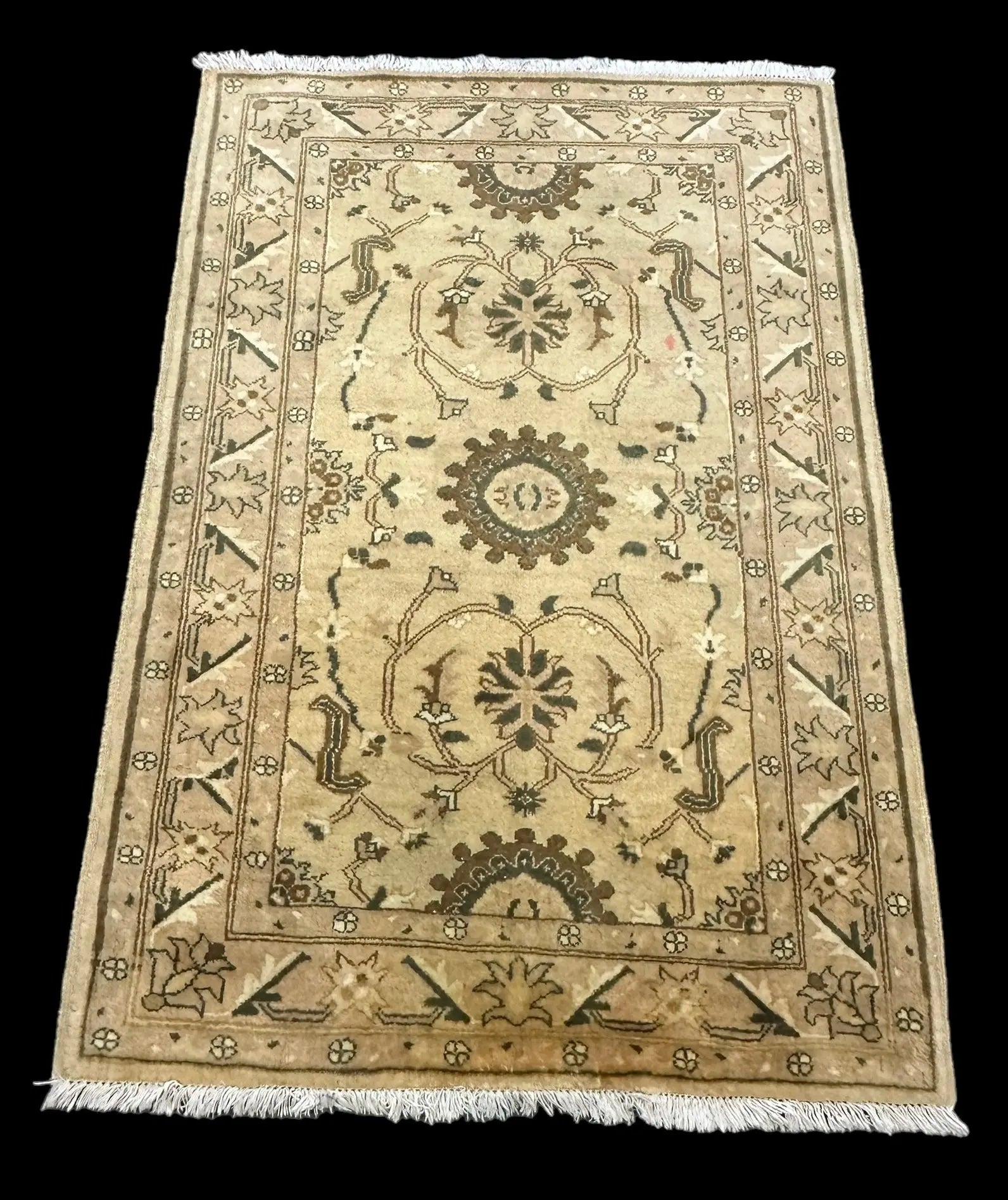 Hand-Knotted Vintage Wool Rug Beige Turkish Floral Design 3'4 x 4'10 I Got Rugs