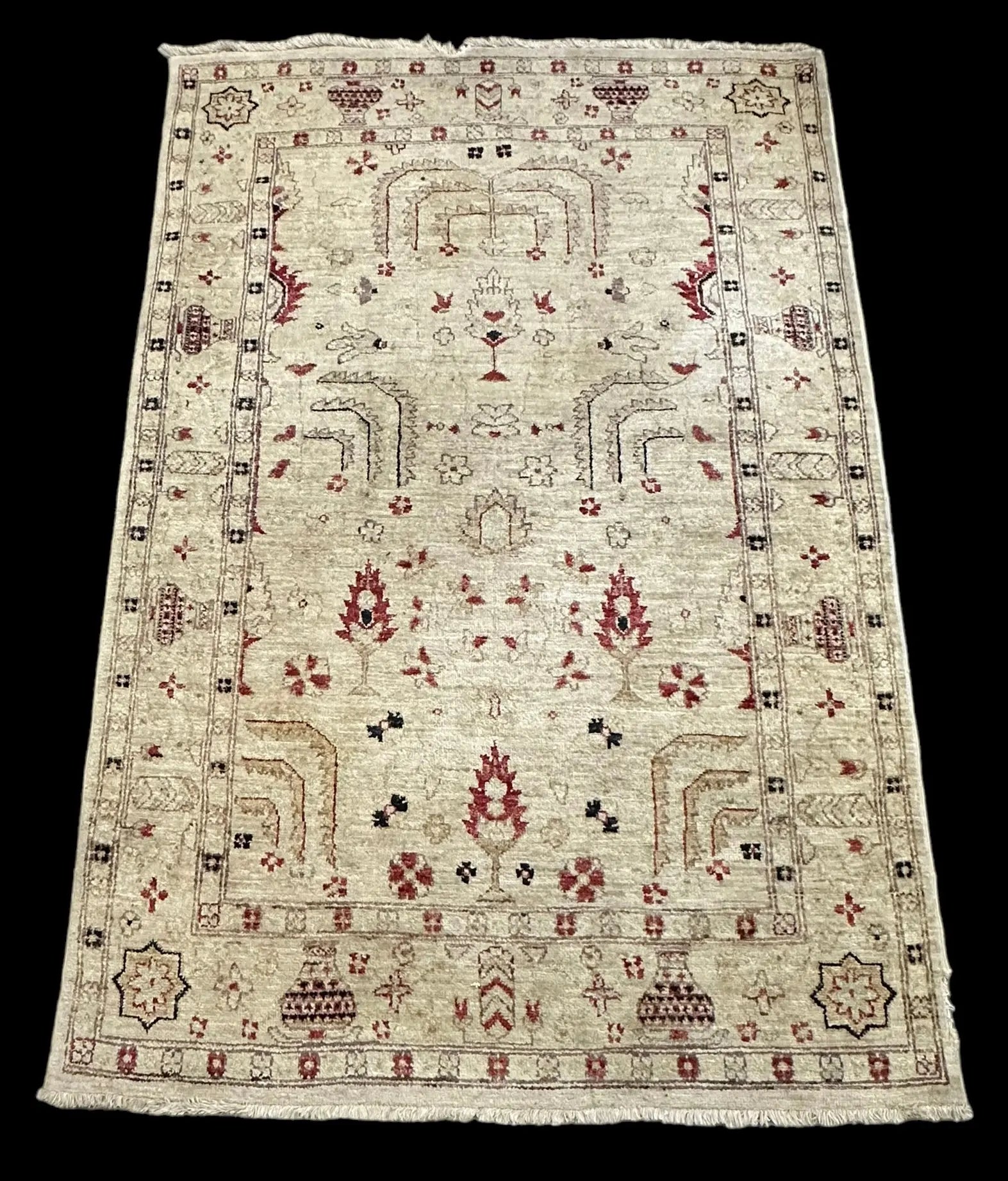 Hand-Knotted Vintage Wool Rug Beige Turkish Tree of Life Design 4'1 x 6'3 I Got Rugs