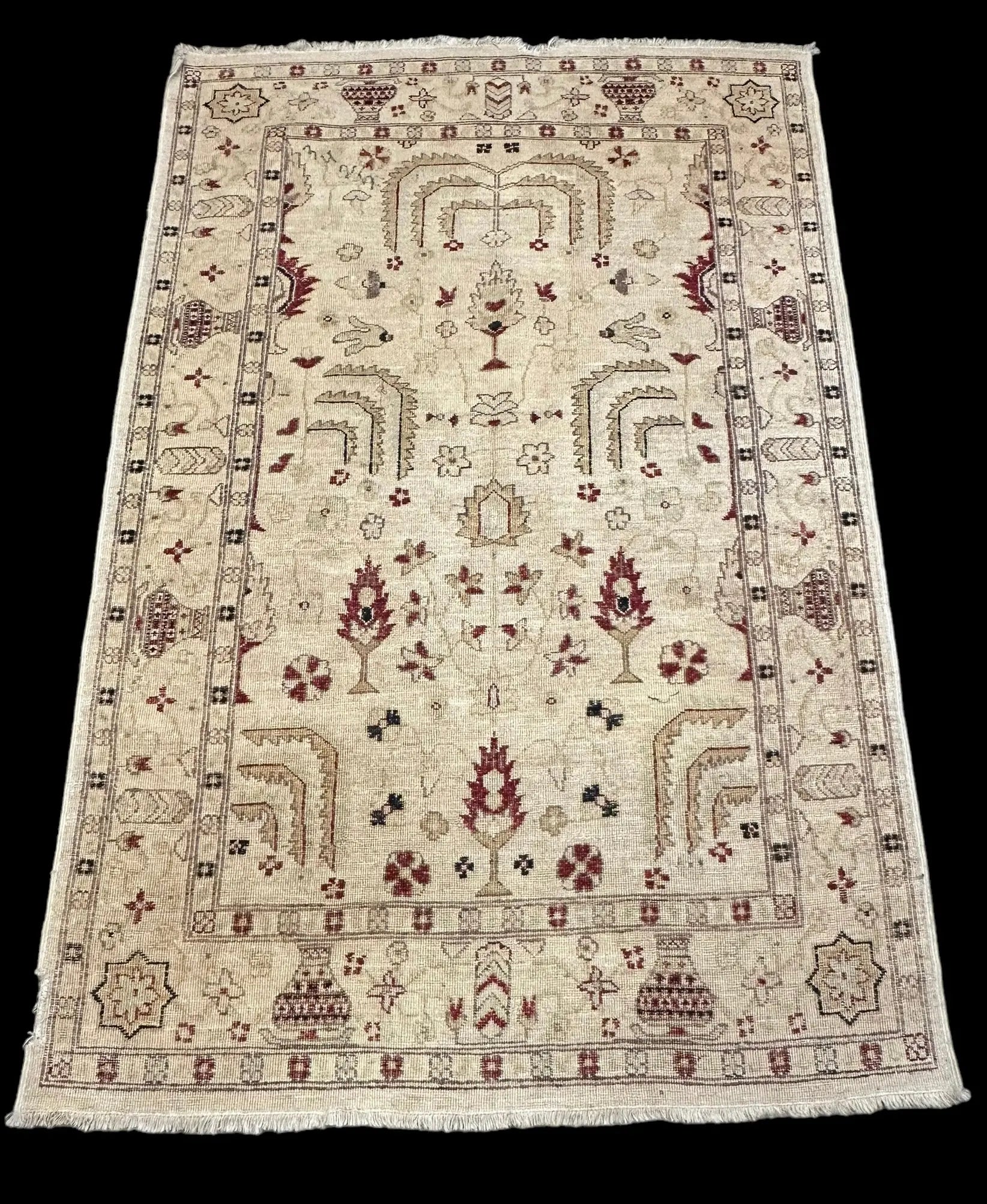 Hand-Knotted Vintage Wool Rug Beige Turkish Tree of Life Design 4'1 x 6'3 I Got Rugs