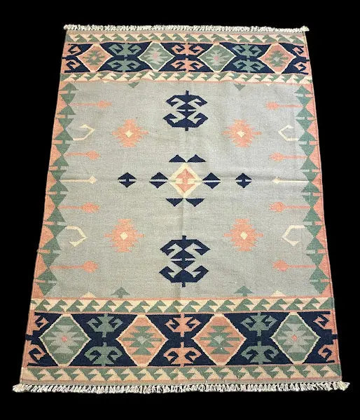 Hand-Knotted Vintage Wool Rug Blue Geometric Turkish Kilim 4' x 5'7 I Got Rugs