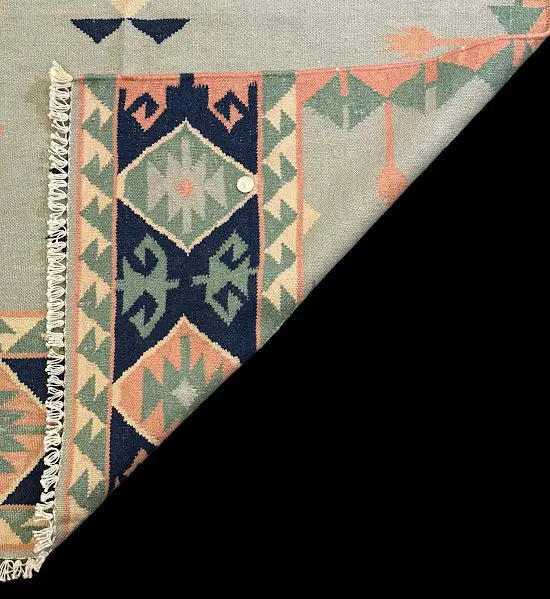 Hand-Knotted Vintage Wool Rug Blue Geometric Turkish Kilim 4' x 5'7 I Got Rugs