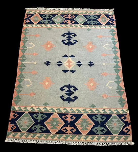 Hand-Knotted Vintage Wool Rug Blue Geometric Turkish Kilim 4' x 5'7 I Got Rugs