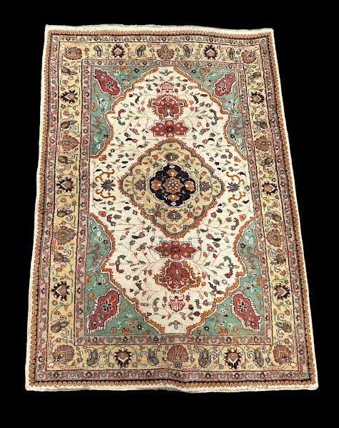 Hand-Knotted Vintage Wool Rug Colorful Persian Floral Design 4'2 x 5'11 I Got Rugs