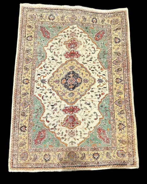 Hand-Knotted Vintage Wool Rug Colorful Persian Floral Design 4'2 x 5'11 I Got Rugs
