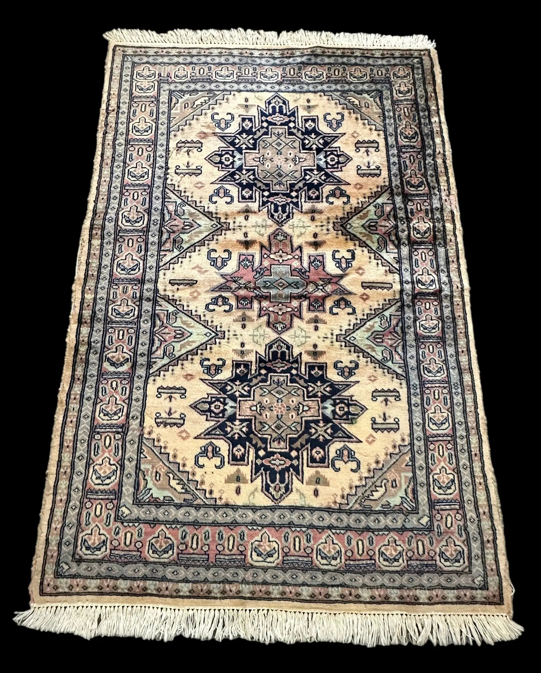 Hand-Knotted  Vintage Wool Rug Colorful Turkish Geometric Design 4'1 x 6'3 Torn I Got Rugs