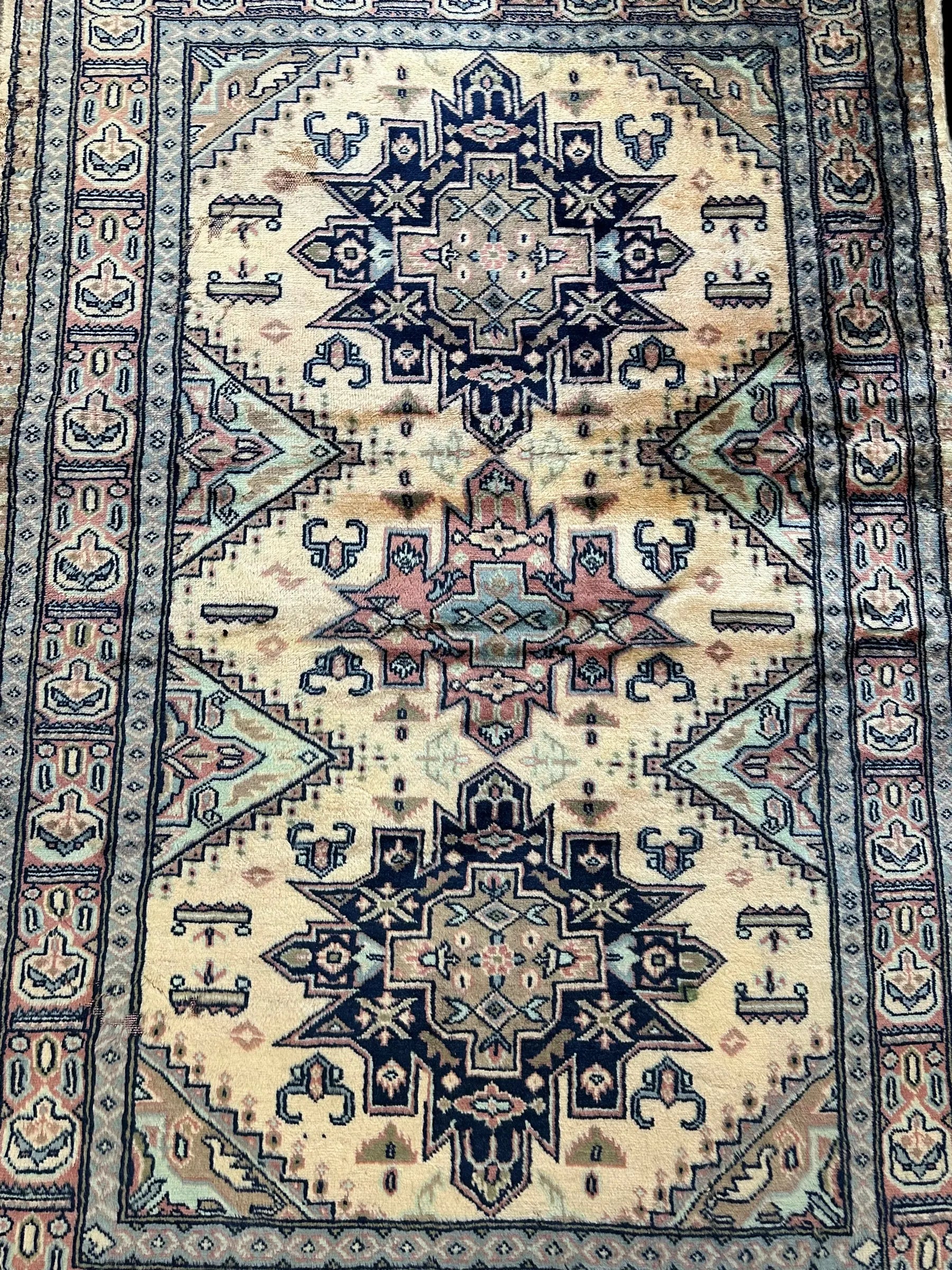 Hand-Knotted  Vintage Wool Rug Colorful Turkish Geometric Design 4'1 x 6'3 Torn I Got Rugs