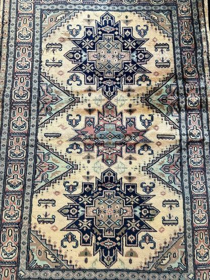 Hand-Knotted  Vintage Wool Rug Colorful Turkish Geometric Design 4'1 x 6'3 Torn I Got Rugs