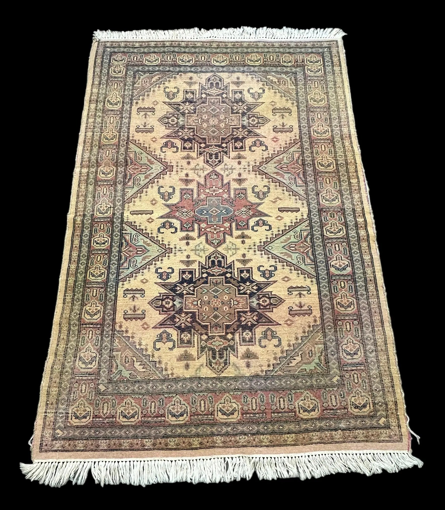 Hand-Knotted  Vintage Wool Rug Colorful Turkish Geometric Design 4'1 x 6'3 Torn I Got Rugs