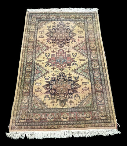 Hand-Knotted  Vintage Wool Rug Colorful Turkish Geometric Design 4'1 x 6'3 Torn I Got Rugs
