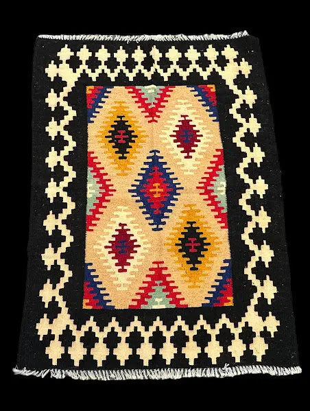 Hand-Knotted Vintage Wool Rug Moroccan Kilim Colorful Geometric Design 3'4 x 4'8 I Got Rugs