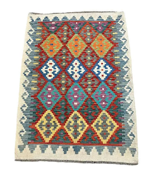 Hand-Knotted Vintage Wool Rug Multicolor Geometric Afghan Kilim 3'4 x 4'9 I Got Rugs