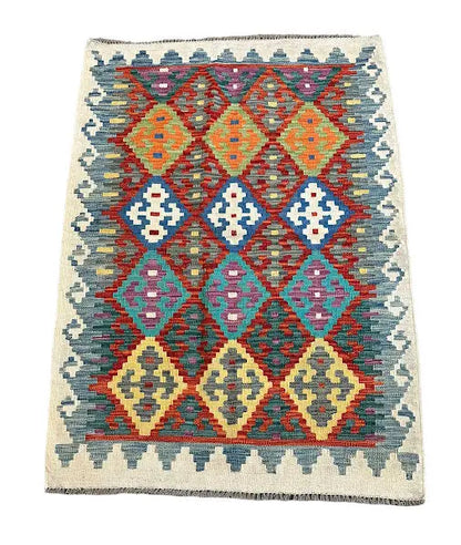 Hand-Knotted Vintage Wool Rug Multicolor Geometric Afghan Kilim 3'4 x 4'9 I Got Rugs