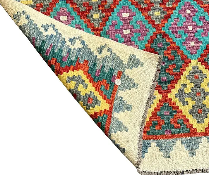 Hand-Knotted Vintage Wool Rug Multicolor Geometric Afghan Kilim 3'4 x 4'9 I Got Rugs